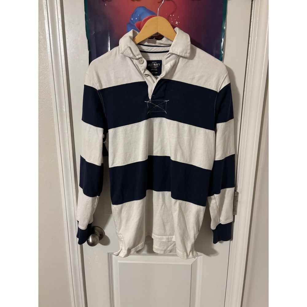 Old Navy Mens Small Rugby Shirt Long Sleeve Striped Navy White Cotton Jersey